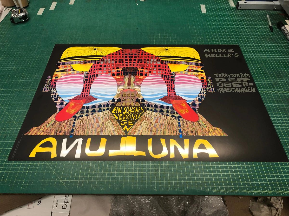 Friedensreich Hundertwasser Luna Luna 1990 limited edition serigraph poster featuring vibrant abstract artwork and bold colors.