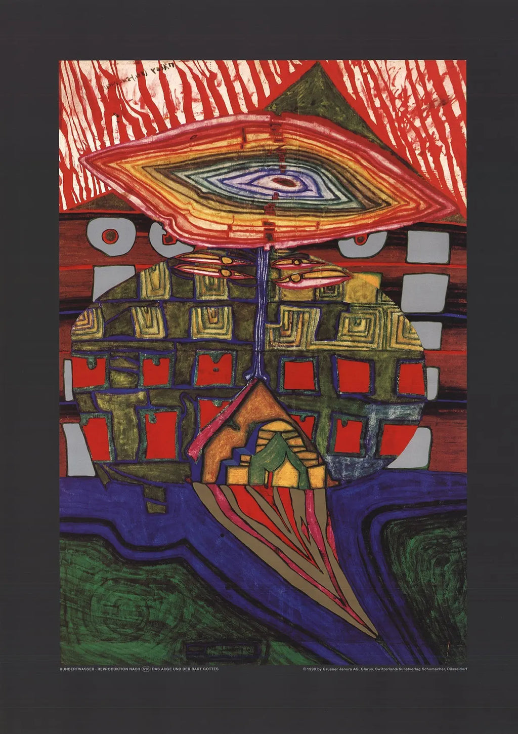 Friedensreich Hundertwasser art poster featuring The Eye and the Beard of God with vibrant abstract design and colorful patterns.