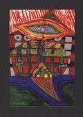 Friedensreich Hundertwasser art poster featuring The Eye and the Beard of God with vibrant abstract design and colorful patterns.