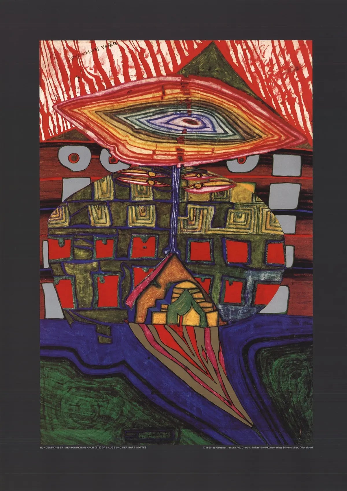 Friedensreich Hundertwasser art poster featuring The Eye and the Beard of God with vibrant abstract design and colorful patterns.