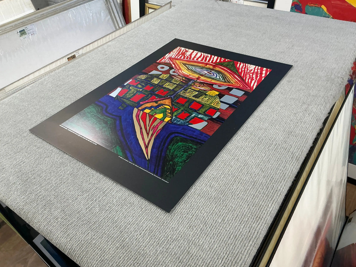 Friedensreich Hundertwasser art poster featuring The Eye and the Beard of God with vibrant, abstract design and bold colors.