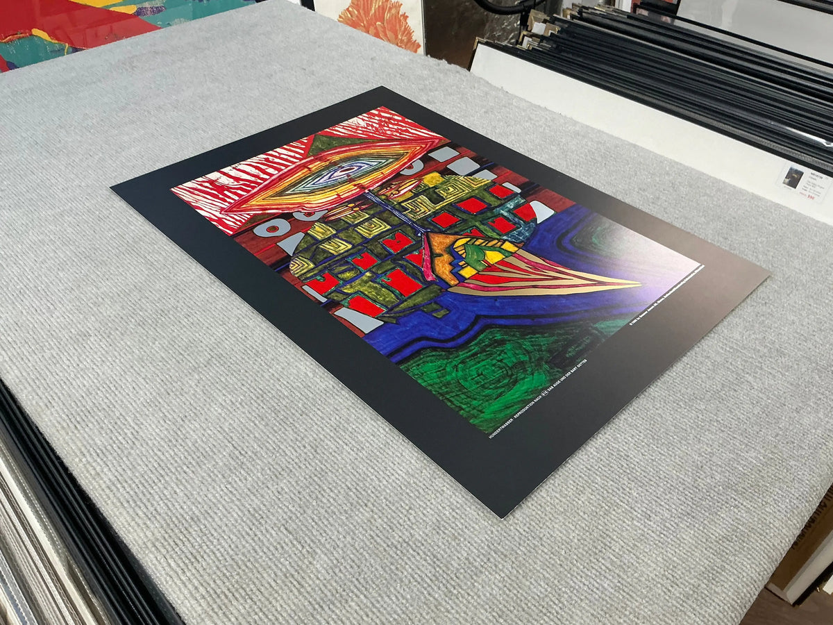 Friedensreich Hundertwasser art poster featuring The Eye and the Beard of God with vibrant, abstract design and bold colors.