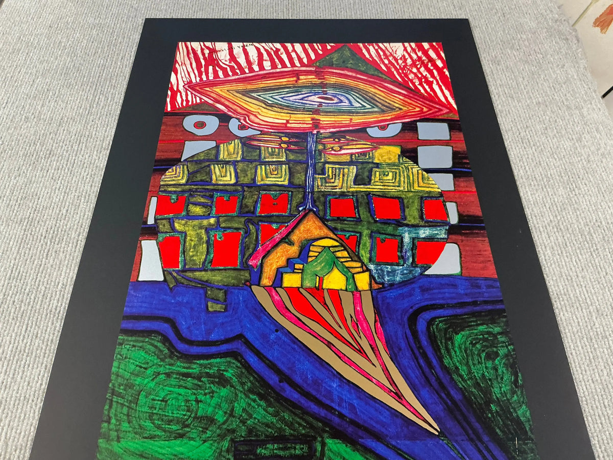 Friedensreich Hundertwasser art poster titled The Eye and the Beard of God featuring vibrant abstract design and colorful patterns.