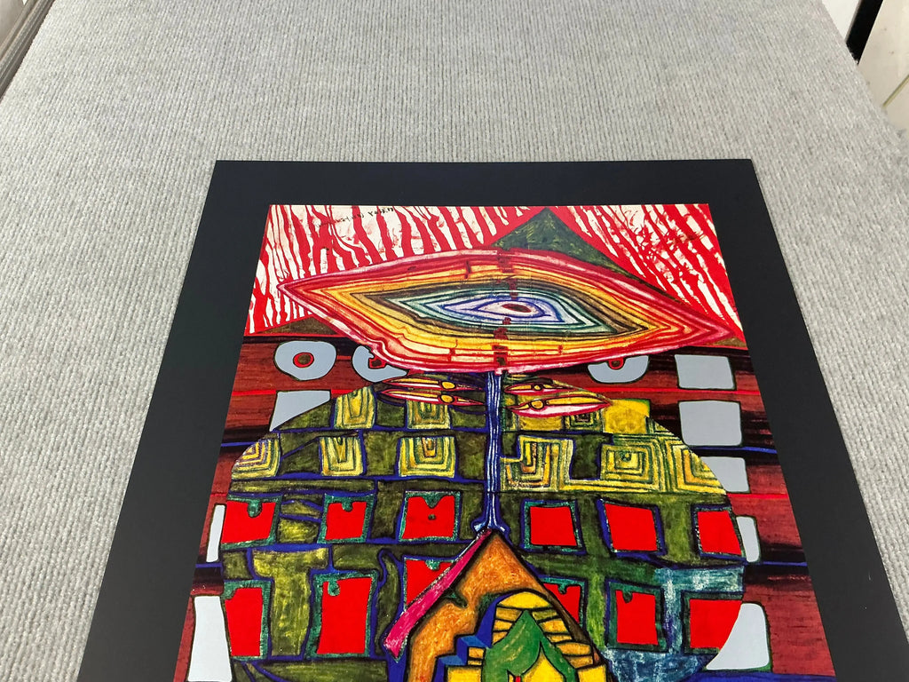 Friedensreich Hundertwasser art poster featuring "The Eye and the Beard of God" with vibrant colors and abstract design.