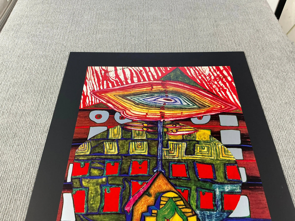 Friedensreich Hundertwasser art poster featuring "The Eye and the Beard of God" with vibrant colors and abstract design.