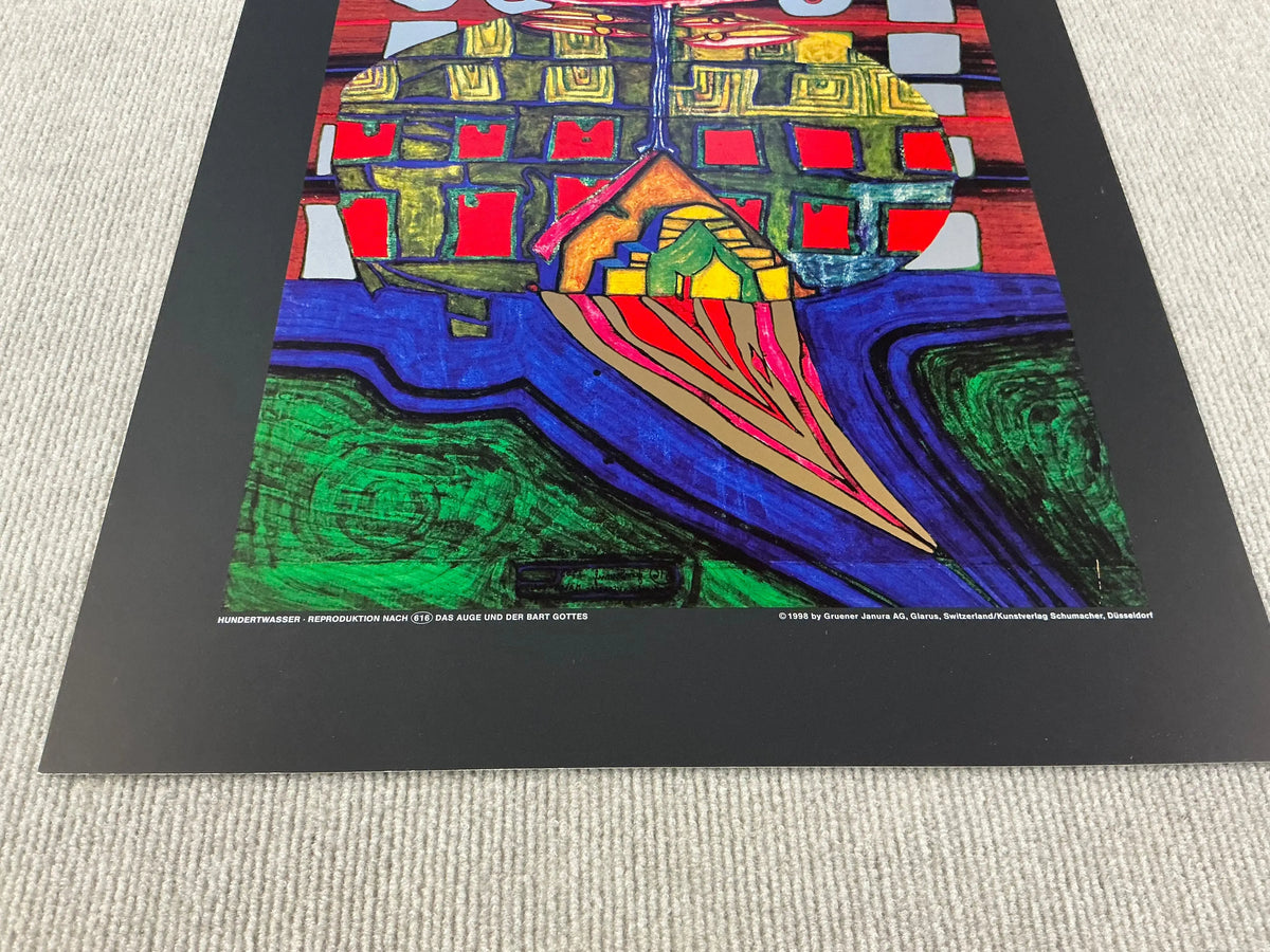 Friedensreich Hundertwasser art poster titled "The Eye and the Beard of God" featuring colorful abstract designs.