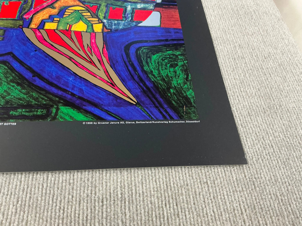 Friedensreich Hundertwasser art poster featuring The Eye and the Beard of God with vibrant, abstract design and bold colors.