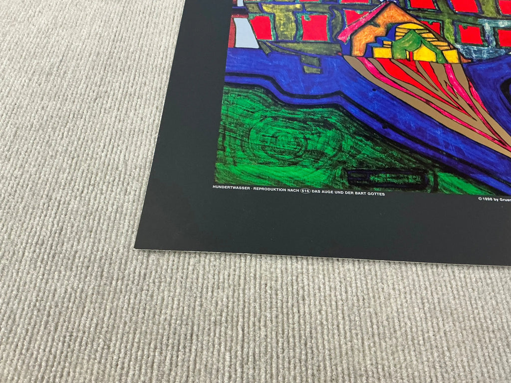 Friedensreich Hundertwasser art poster featuring The Eye and The Beard of God with vibrant abstract design.