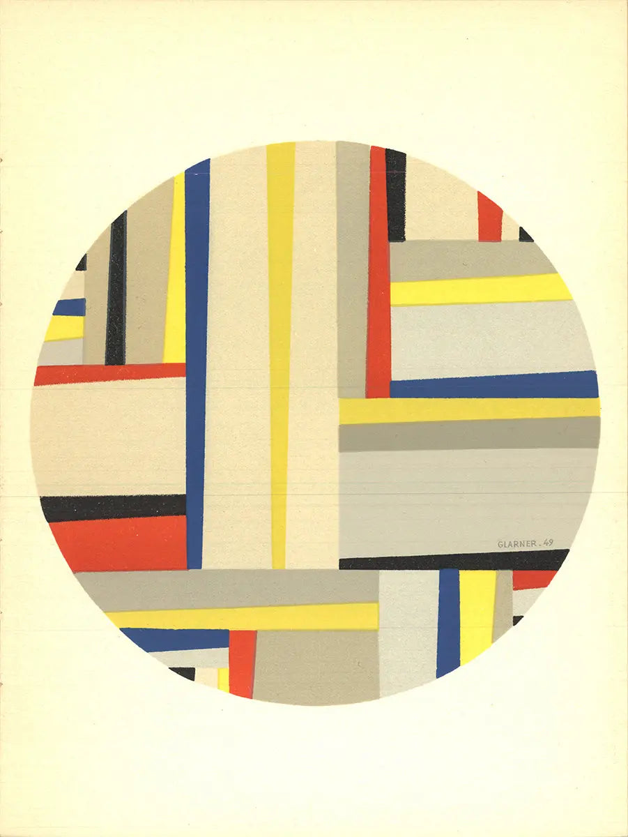 Fritz Glarner Tondo 1964 abstract modernist lithograph art print with geometric shapes and bold colors, showcasing Fritz Glarner's style.