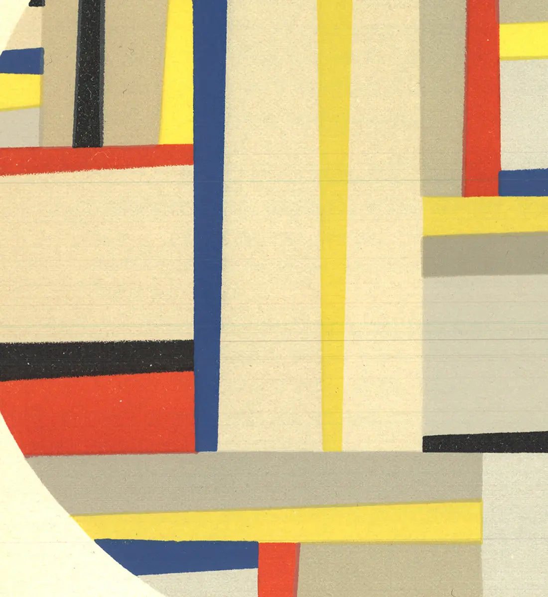 Abstract modernist lithograph by Fritz Glarner, Tondo 1964, featuring geometric shapes and vibrant colors in a circular design.