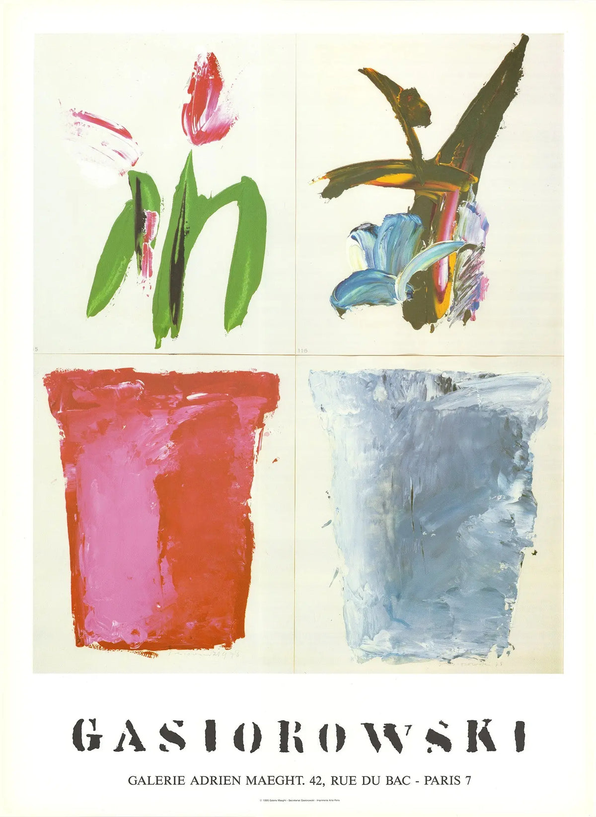 Gérard Gasiorowski Pots De Fleurs lithograph poster from Galerie Maeght, showcasing vibrant floral pot artwork in an offset print style.