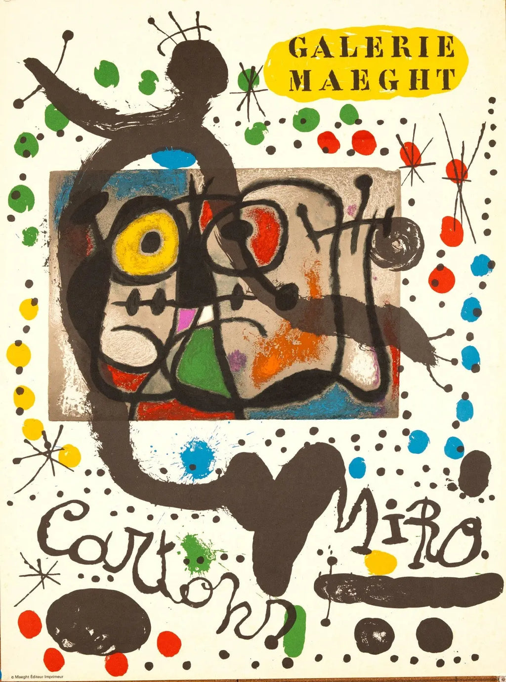 Vintage Joan Miro Galerie Maeght 1965 exhibition poster featuring colorful abstract artwork and bold typography.