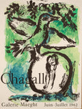 Original Marc Chagall 1962 lithograph titled Le Oiseau Vert from Galerie Maeght, showcasing vibrant green bird artwork.