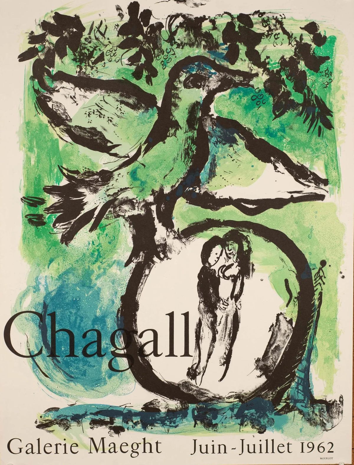 Original Marc Chagall 1962 lithograph titled Le Oiseau Vert from Galerie Maeght, showcasing vibrant green bird artwork.