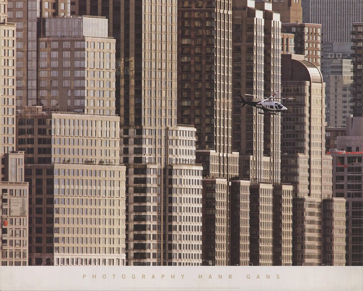 Hank Gans New York helicopter cityscape offset lithograph poster showcasing a vibrant 2007 New York skyline scene.