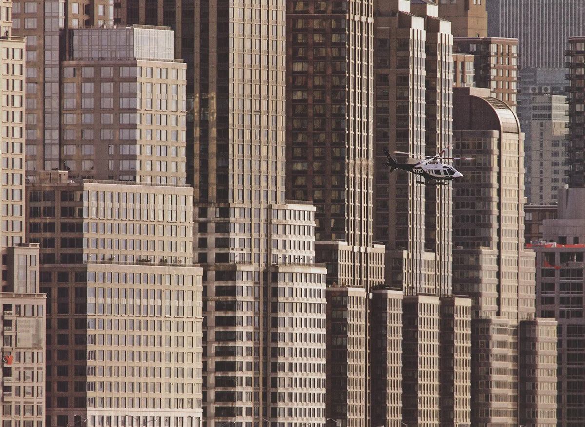 Hank Gans New York Helicopter 2007 cityscape offset lithograph poster showing a detailed aerial view of NYC skyline