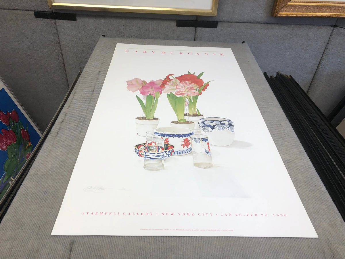 Gary Bukovnik California Still Life No. 14 floral lithograph from 1986 showcasing vibrant botanical artwork.