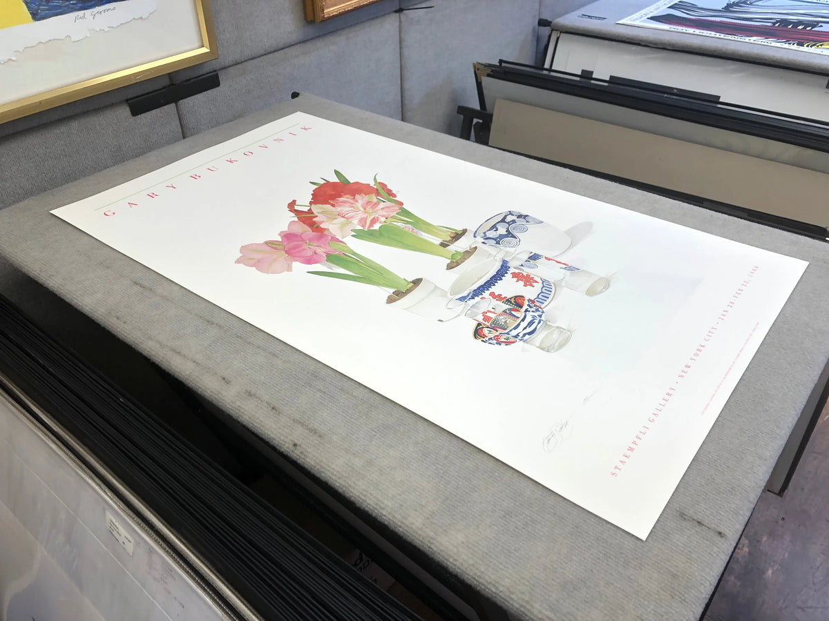 Gary Bukovnik California Still Life No. 14 floral lithograph from 1986 depicting vibrant flowers and botanical details on paper.