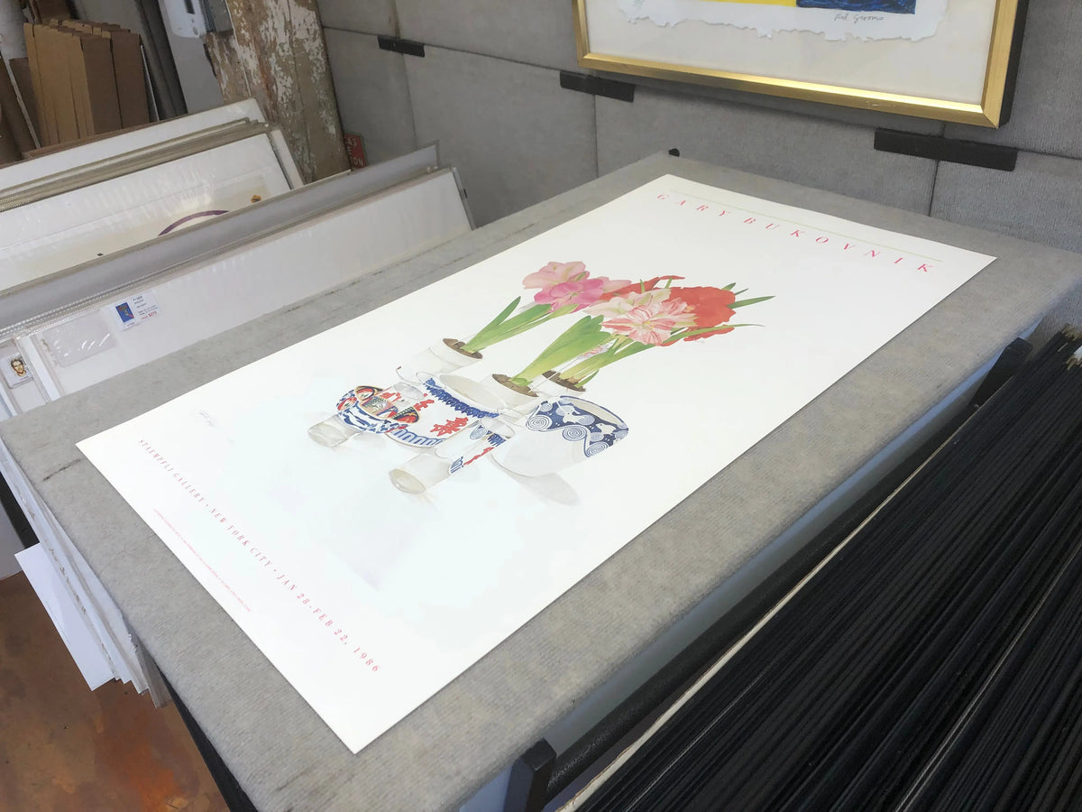 Gary Bukovnik California Still Life No. 14 floral lithograph from 1986, featuring vibrant botanical artwork and detailed flowers.