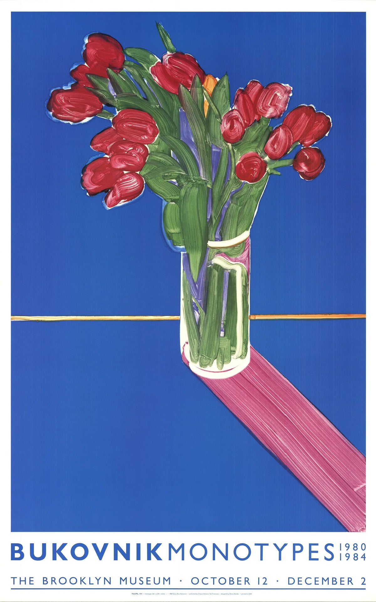 Gary Bukovnik floral art poster from 1984 Brooklyn Museum exhibition, featuring vibrant monotype floral designs.
