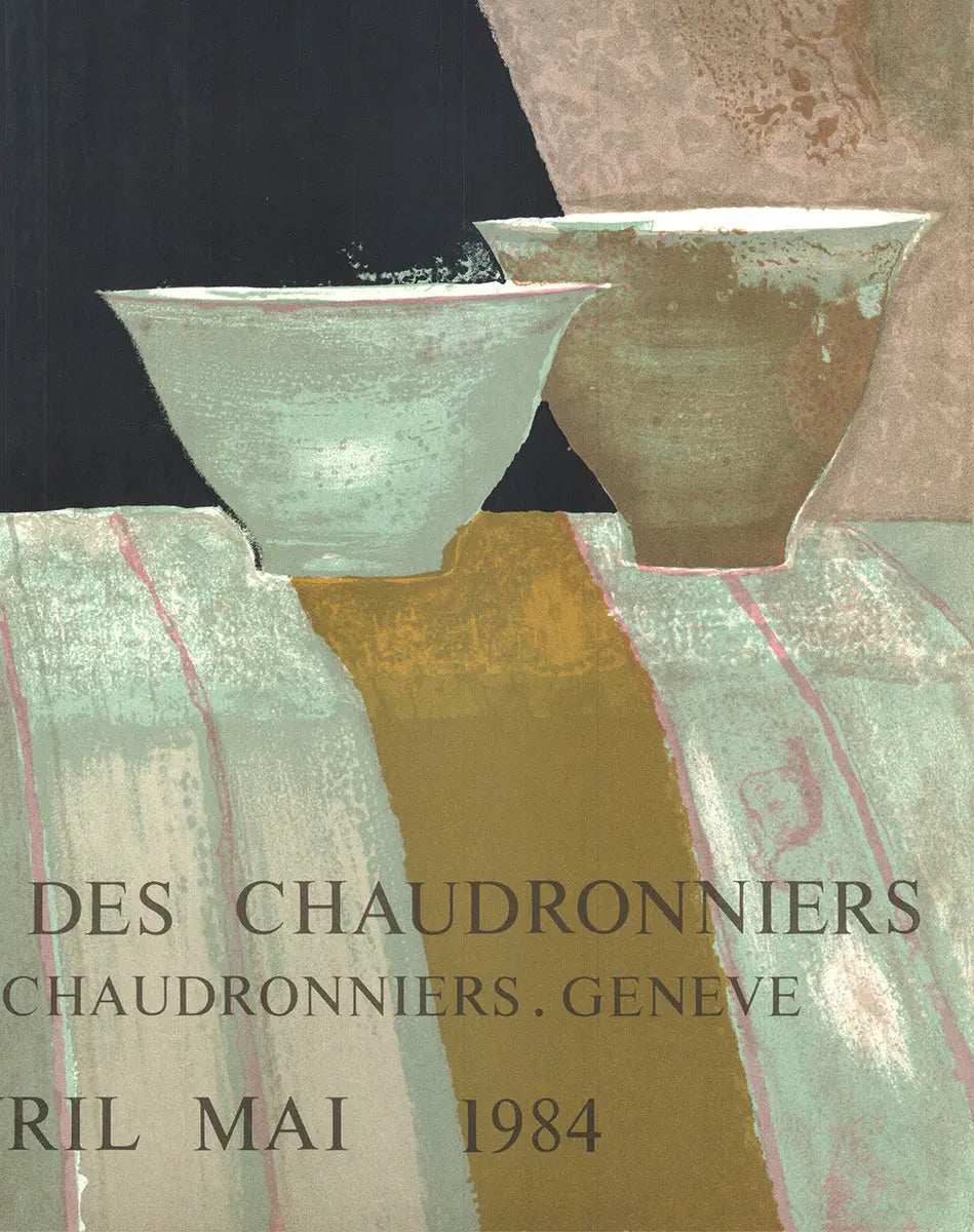 Original lithograph exhibition poster by Rene Genis for Galerie des Chaudronniers, 1984, featuring abstract artwork.