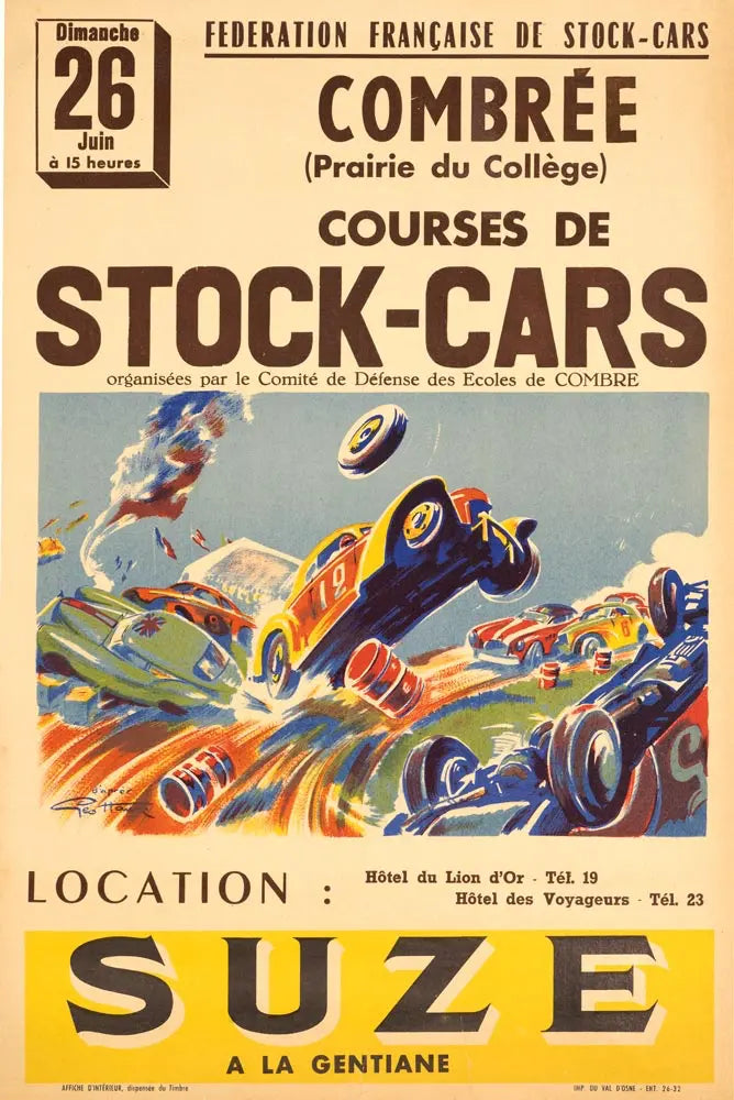 Vintage lithograph poster of 1950 Geo Ham Suze Stock Cars featuring colorful race cars and classic automotive artwork.
