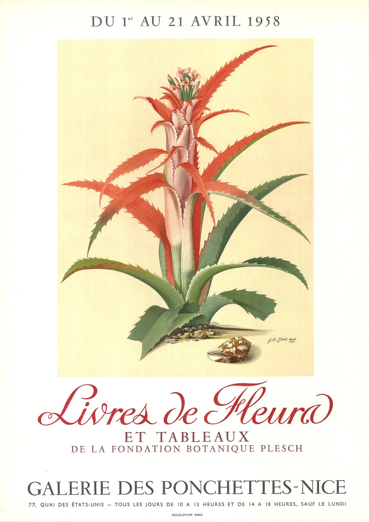 Vintage Georg Dionysius Ehret 1958 botanical exhibition lithograph poster showing detailed plant illustrations on aged paper