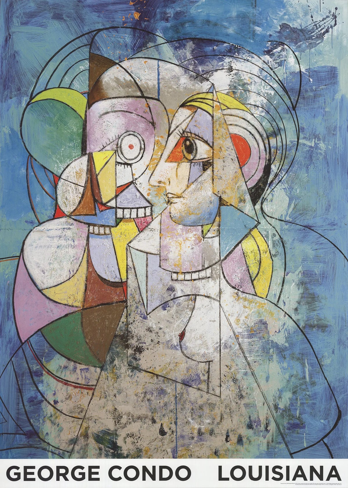 Large George Condo mythological figures offset lithograph art poster featuring colorful, abstract myth-inspired imagery.