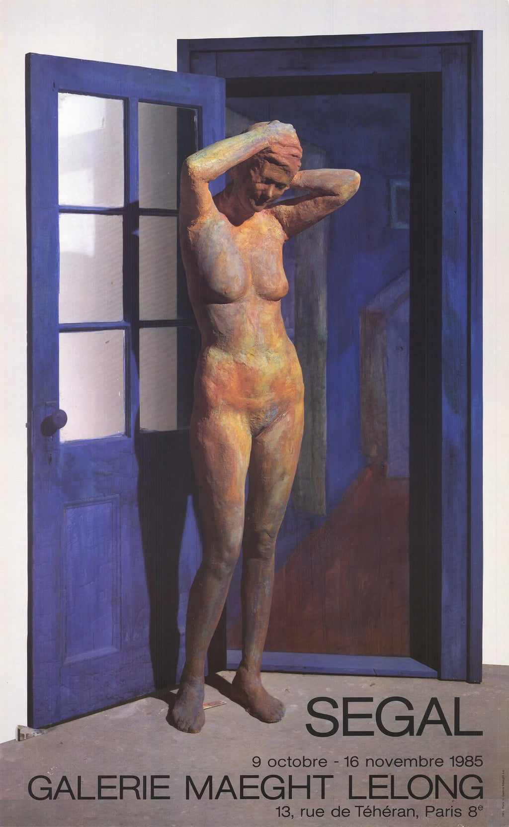 George Segal standing nude in doorway offset lithograph poster from 1985, showcasing his distinctive artistic style.