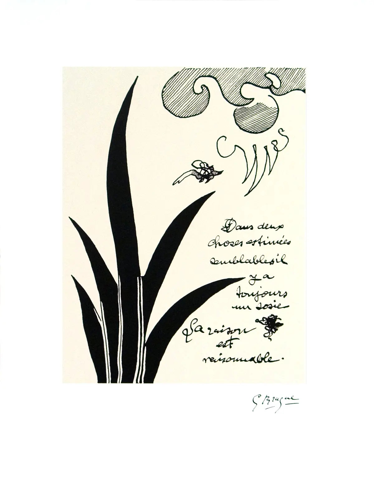 Offset lithograph art poster by Georges Braque titled "Dans Deux Choses" from 1993, showcasing abstract art and bold shapes.