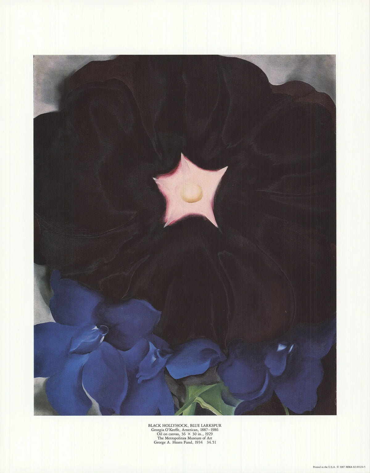 Georgia O'Keeffe black hollyhock and blue larkspur offset lithograph art print showcasing floral artwork with vibrant colors.