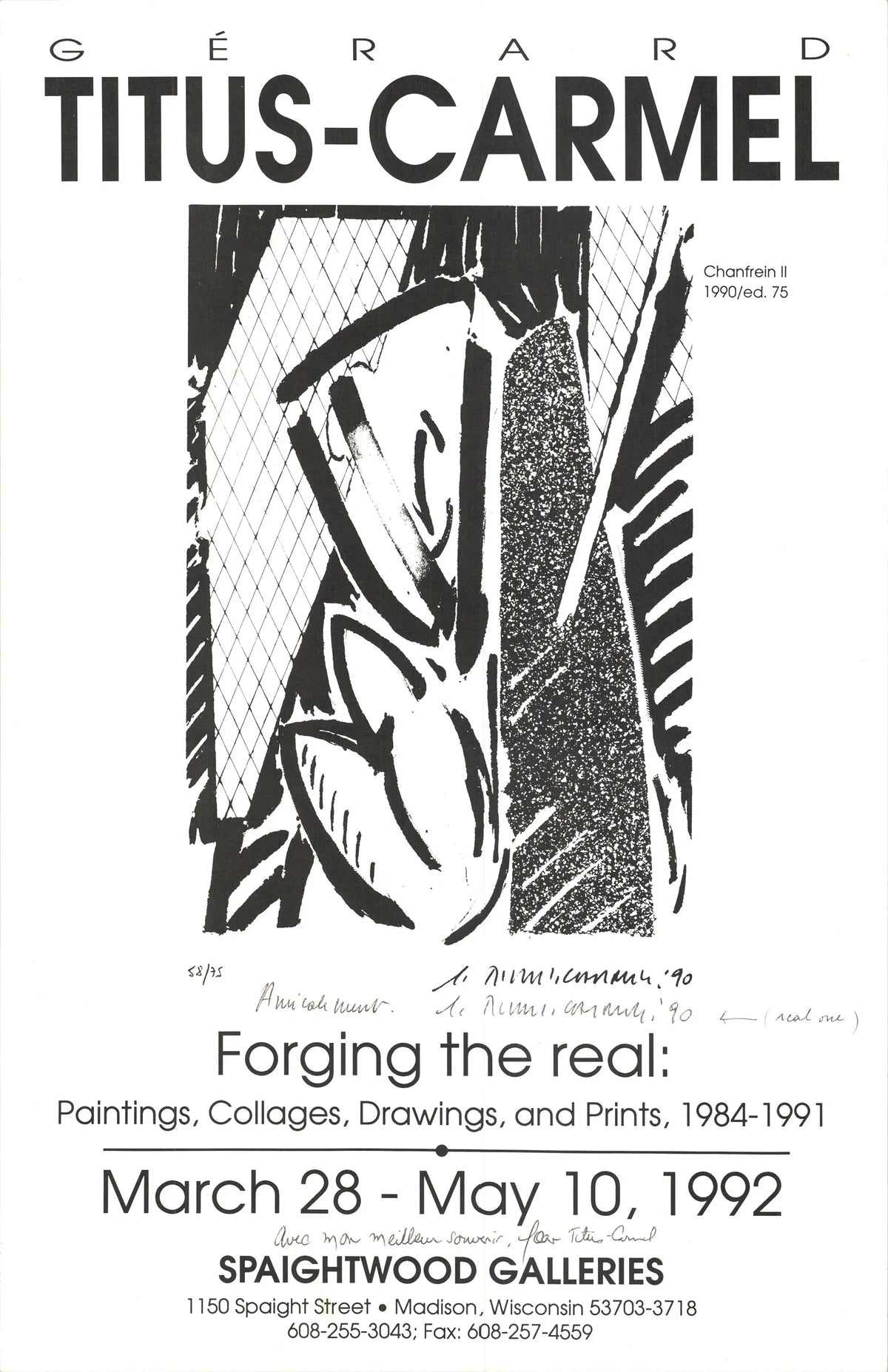 Gérard Titus-Carmel Forging the Real 1992 signed exhibition art poster featuring abstract artwork and bold colors.