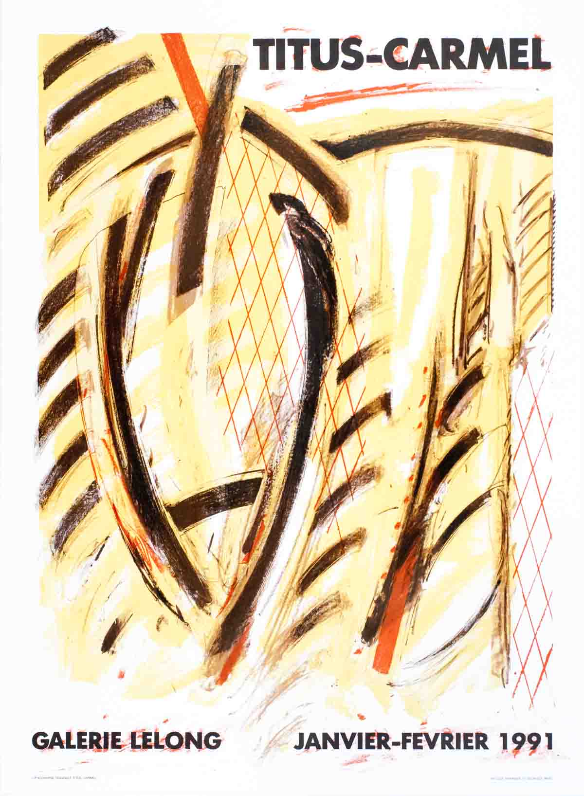 Abstract lithograph exhibition poster by Gerard Titus-Carmel from Galerie Lelong 1991, featuring vibrant colors and modern art design.