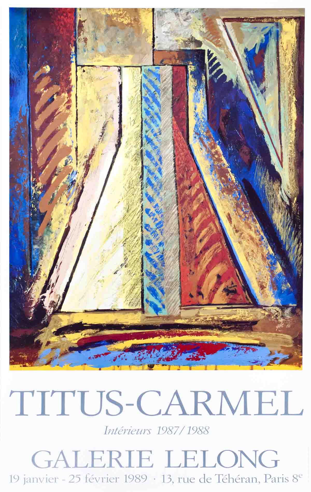 Gerard Titus-Carmel Interieurs 1989 original exhibition offset lithograph poster showing abstract interior artwork.