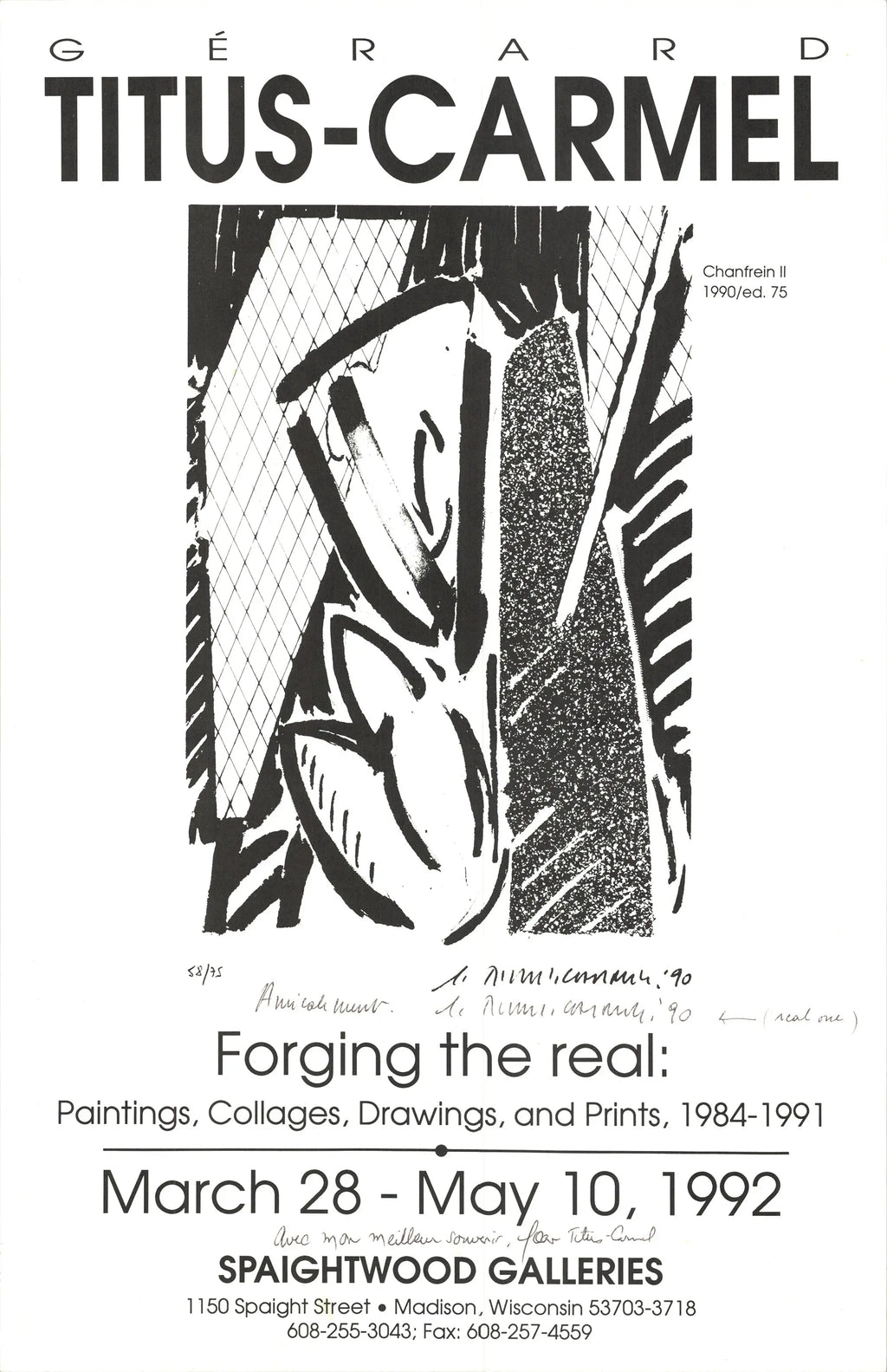 Signed Gérard Titus-Carmel Forging the Real 1992 exhibition art poster showing abstract artwork and signature in black ink.