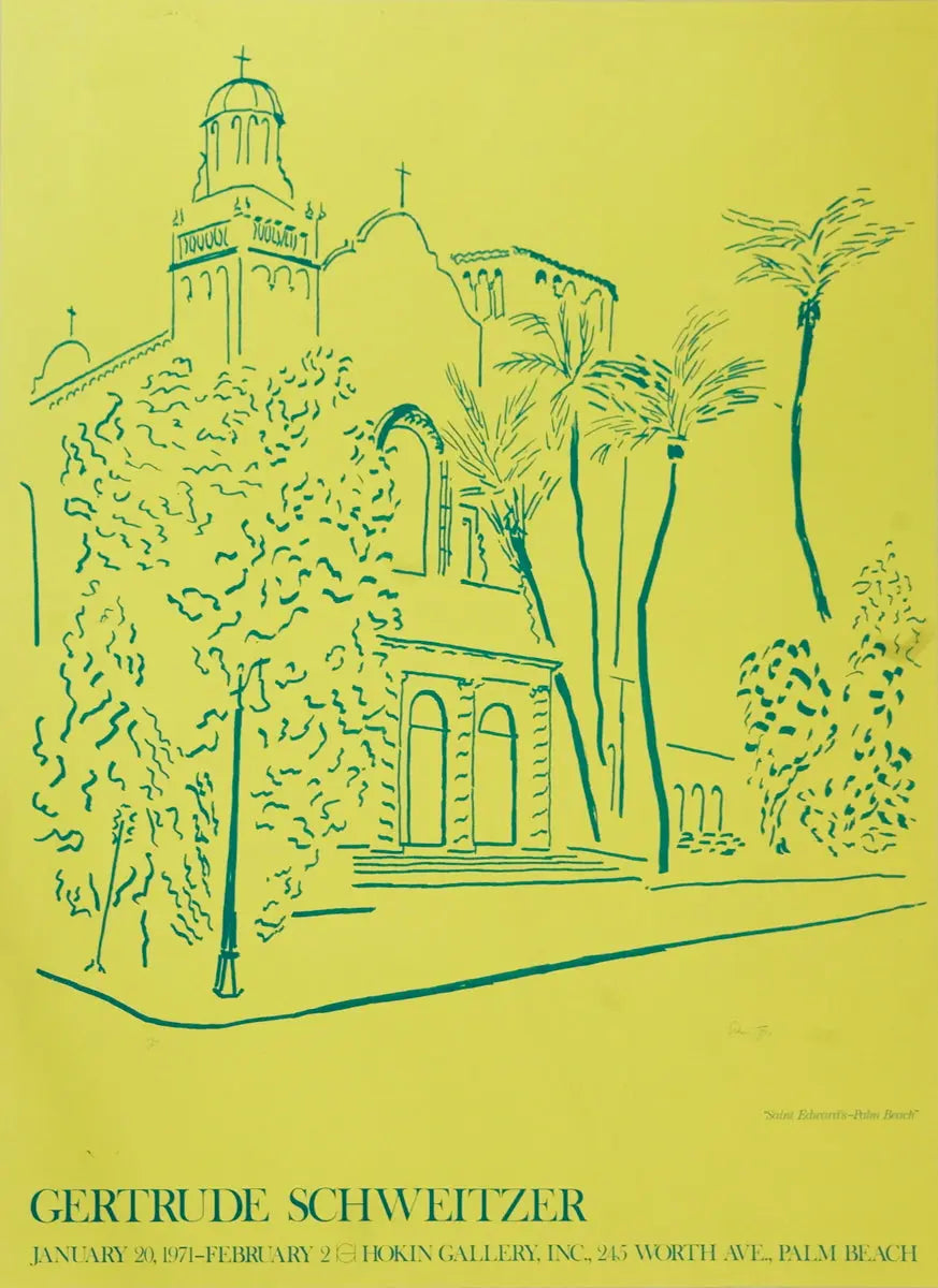 Gertrude Schweitzer lithograph exhibition poster from St. Edward's Catholic Church, 1971, featuring religious artwork and detailed design.