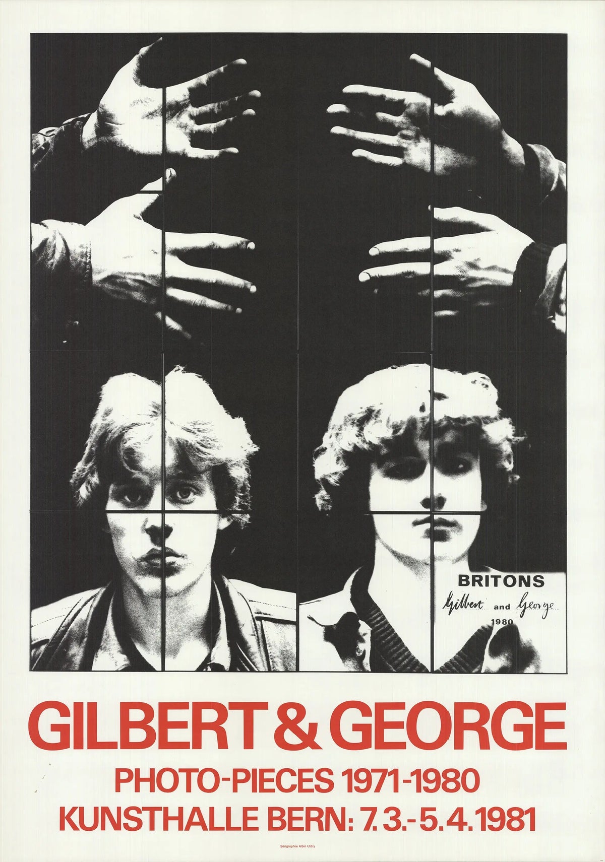 Original Gilbert & George Photo-Pieces 1971-1980 exhibition poster from 1981, featuring contemporary art by Gilbert & George.