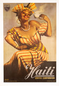 Vintage 1950s Haiti Coffee advertising poster by Gino Boccasile, featuring colorful Italian design and bold coffee imagery.