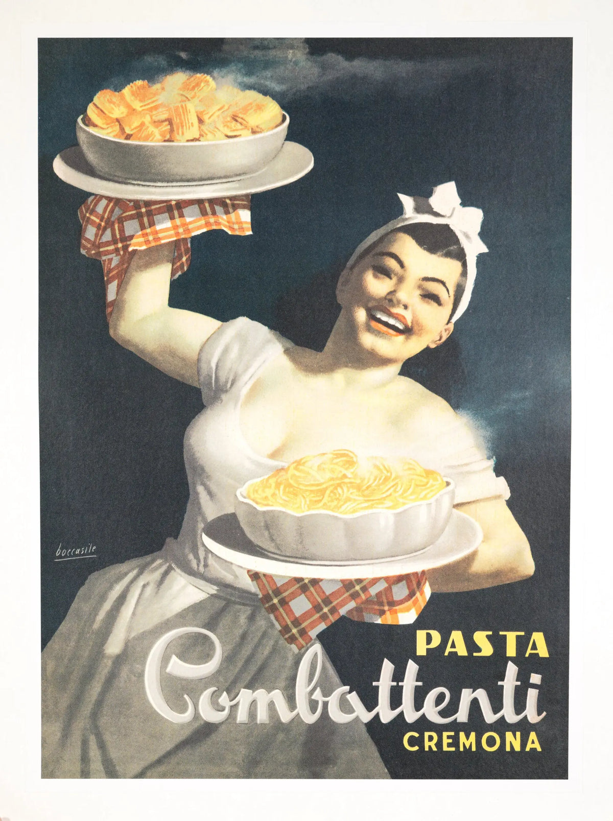 Vintage Italian food advertising poster by Gino Boccasile featuring pasta and pasta Combattenti in a classic design.