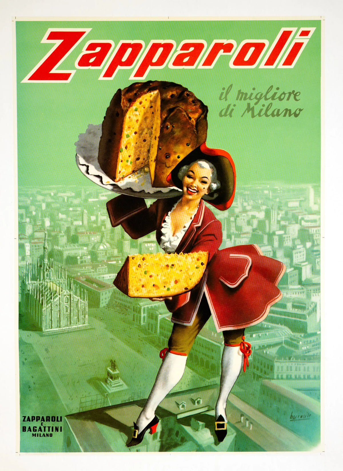 Vintage Gino Boccasile Panettone Italian food poster featuring traditional Panettone with festive decorations and classic Italian design.
