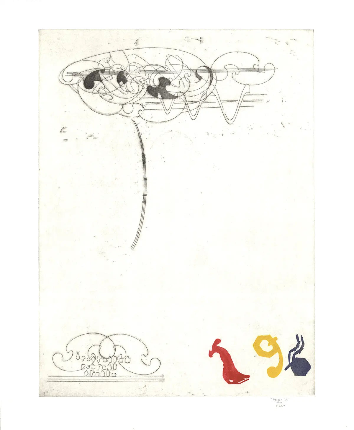 Signed Glenn Goldberg limited edition etching titled Paco + J.J. from 1987, featuring intricate artwork and Goldberg's signature.