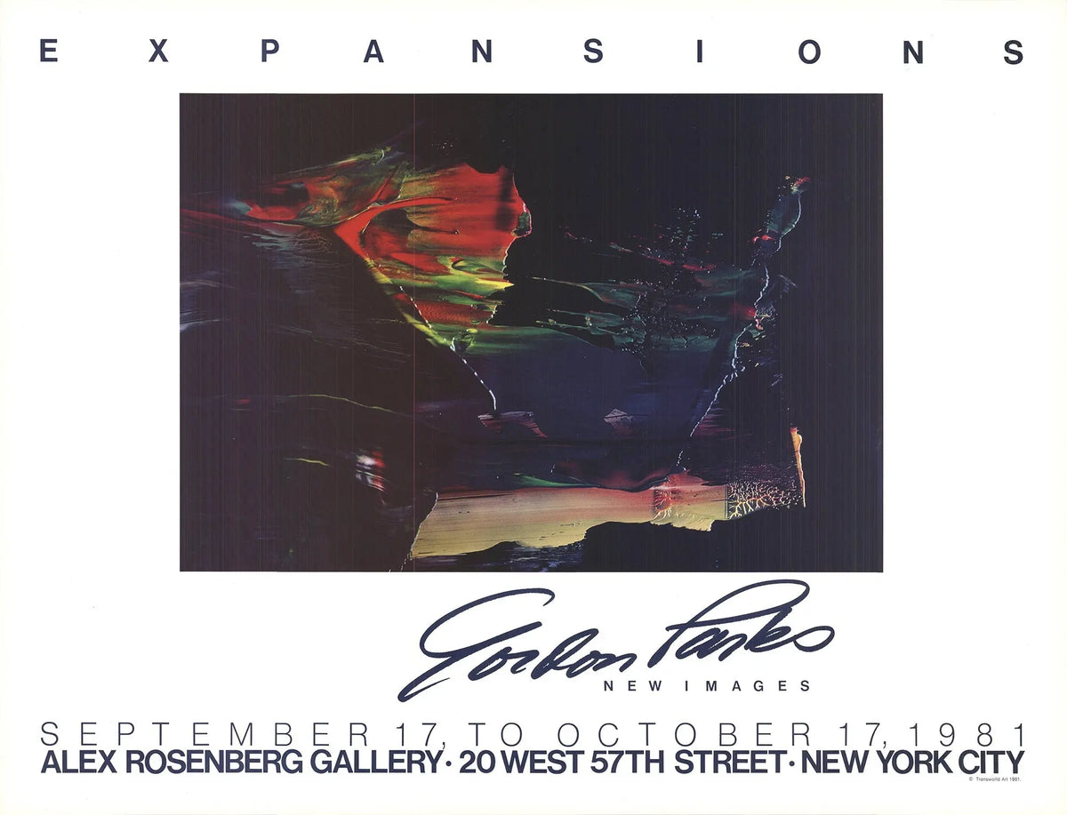 Gordon Parks Expansion 1981 art poster featuring a gallery exhibition image with bold colors and photographic artwork.
