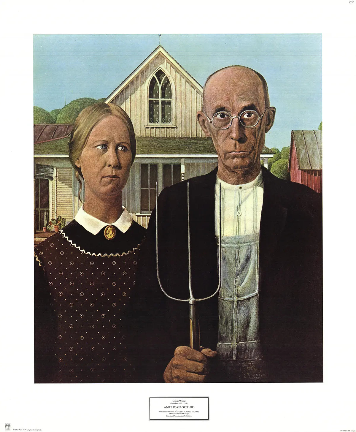 Vintage Grant Wood American Gothic 1982 offset lithograph art poster featuring the rural couple and Gothic-style window.