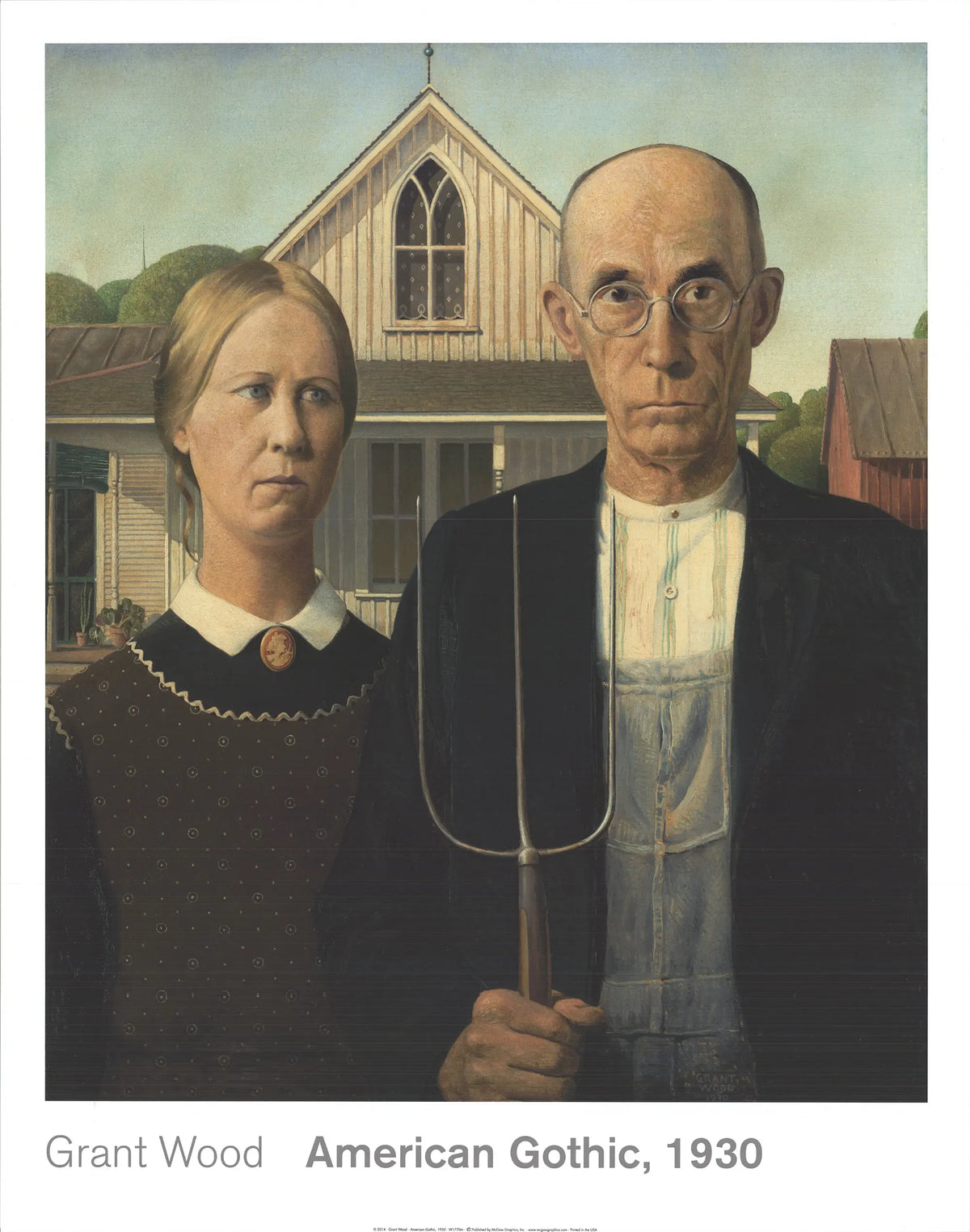 Grant Wood American Gothic offset lithograph art poster print, 71x56cm, featuring the farmhouse and figures from the artwork.