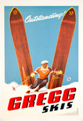 Vintage 1950s Gregg Skis advertising poster featuring bold graphics by Sascha Maurer, showcasing classic ski branding and design.