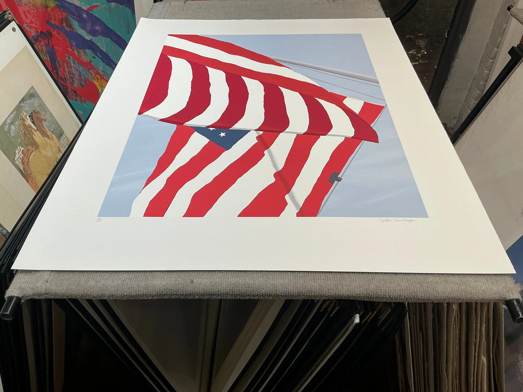 Gretchen Dow Simpson Flags 1991 signed limited edition serigraph print showing colorful flag designs and artistic details.