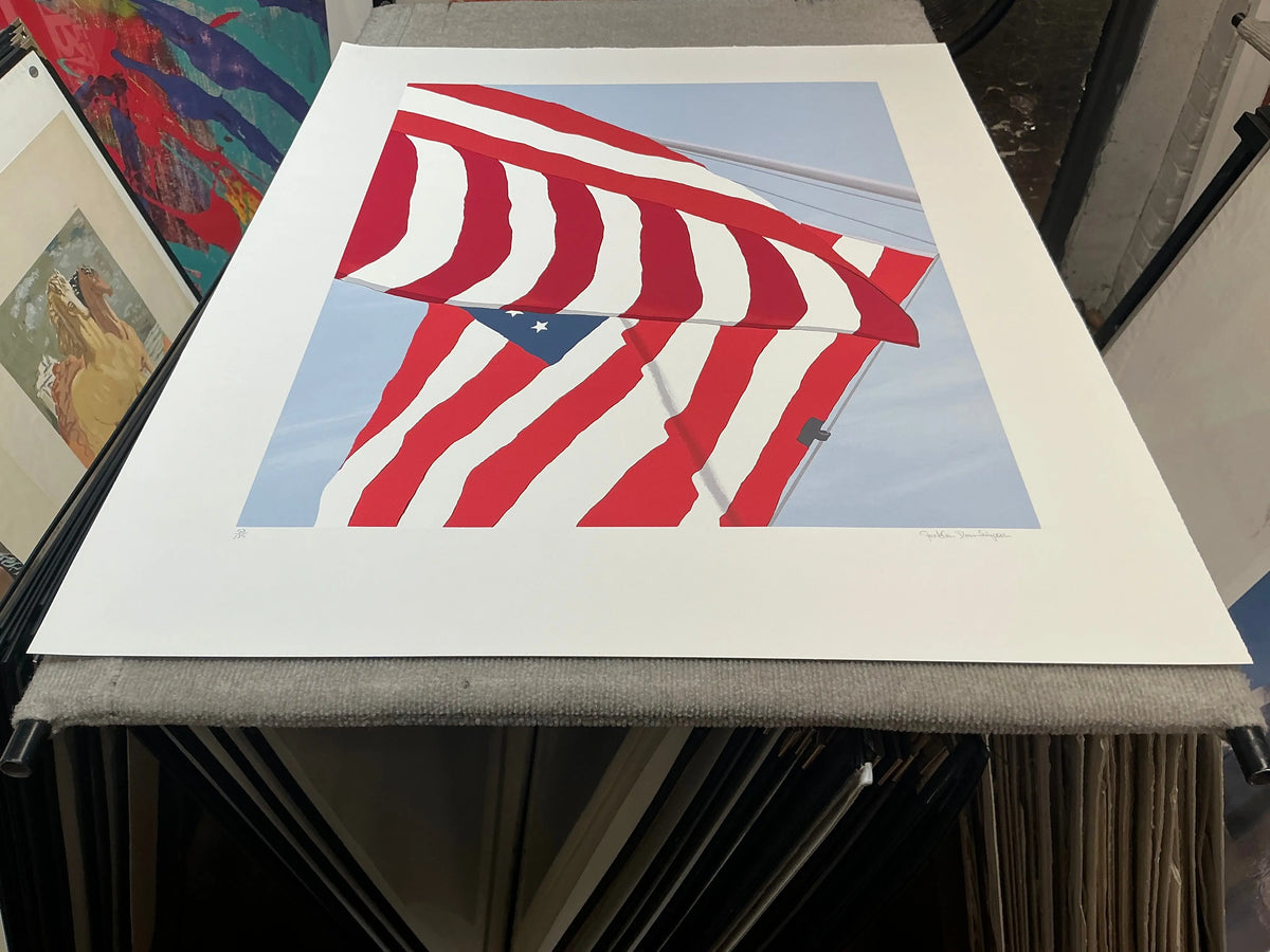 Gretchen Dow Simpson Flags 1991 signed limited edition serigraph print showing colorful flag designs and artistic details.