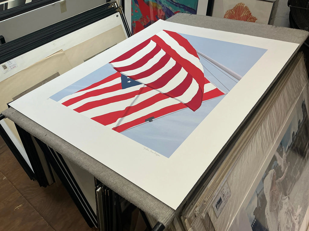 Gretchen Dow Simpson Flags 1991 signed limited edition serigraph print, featuring colorful flag designs in vibrant detail.