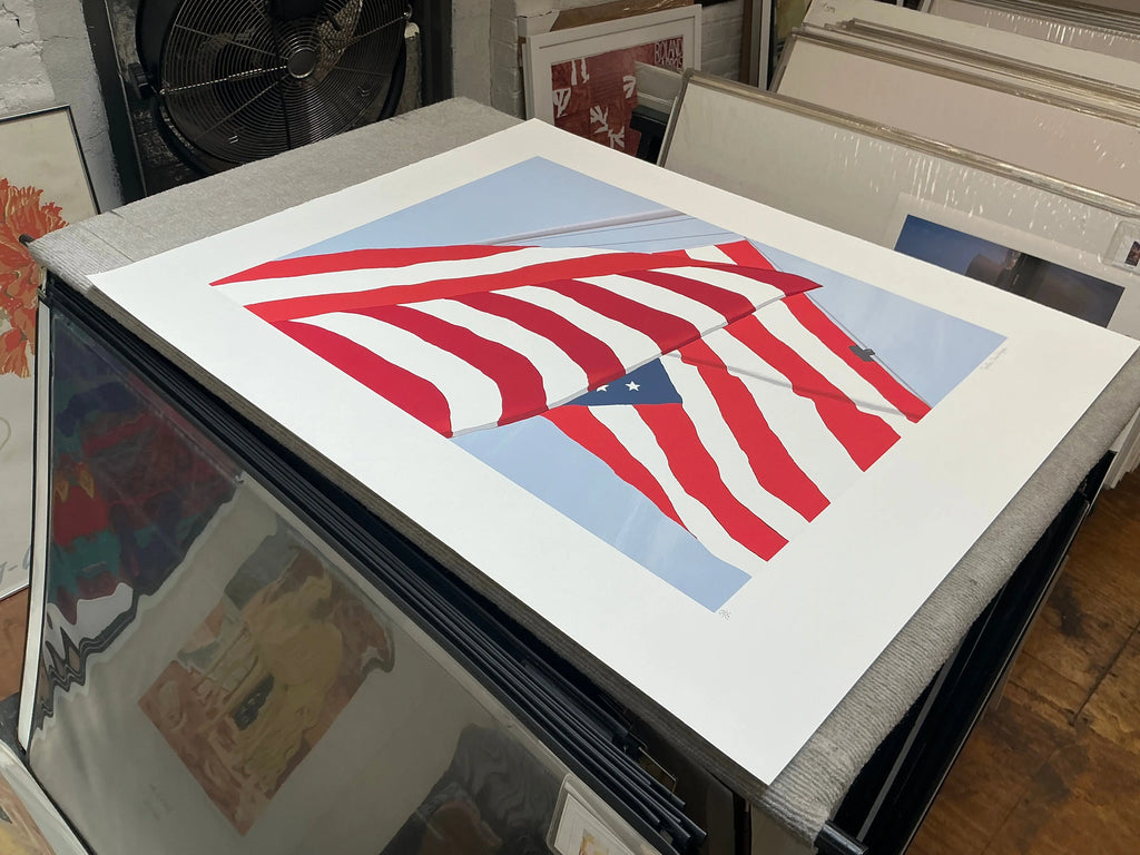 Gretchen Dow Simpson Flags 1991 signed limited edition serigraph print showing vibrant flag designs and artistic details.