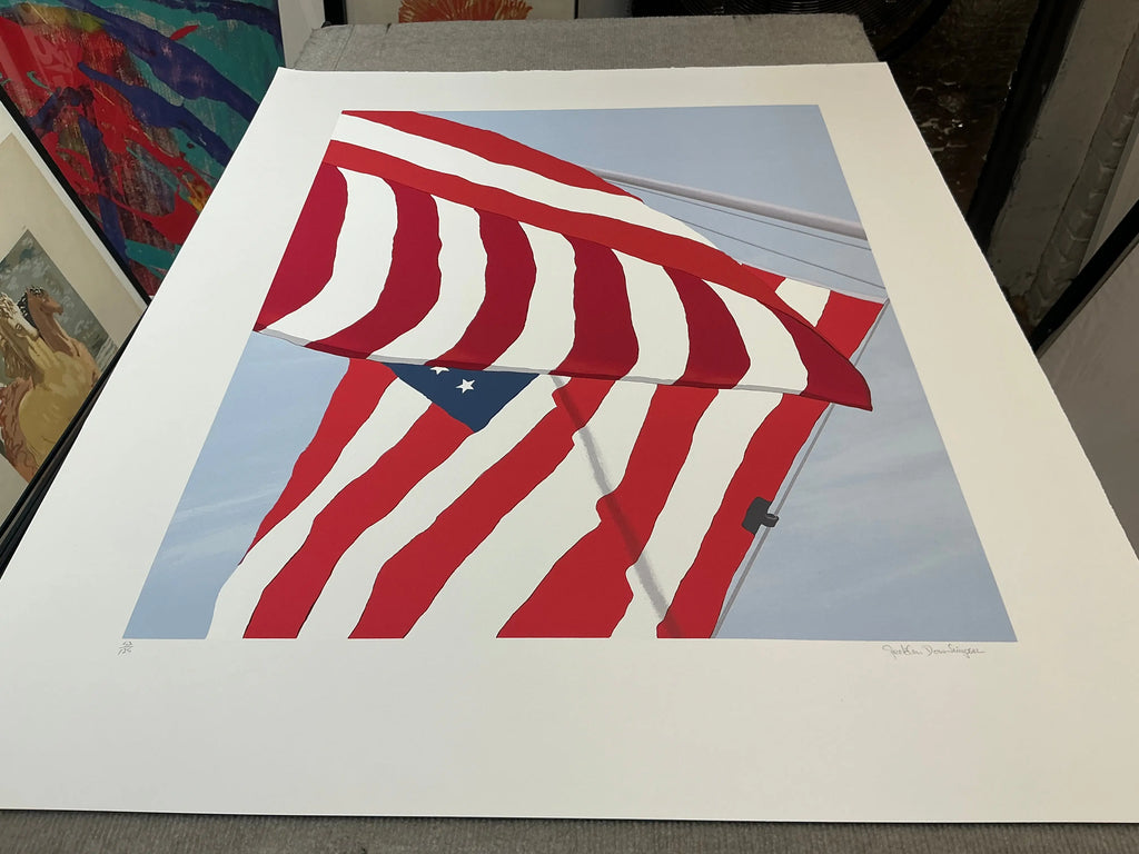 Gretchen Dow Simpson signed limited edition 1991 serigraph print featuring colorful flags, displayed on a wall.